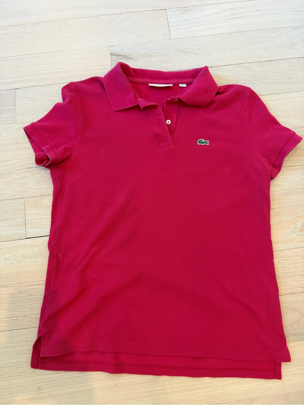 Lacoste Kids red (looks a little hot pink/red)  Polo with Green Crocodile Logo